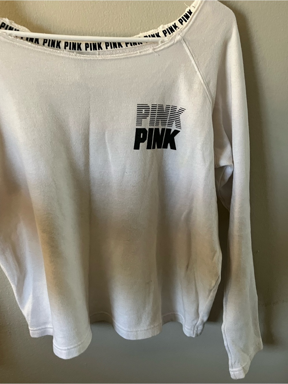 PINK Victoria's Secret White off shoulder Sweatshirt with Black Logo